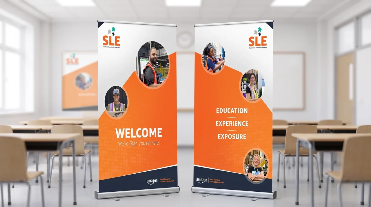 Amazon SLE program collateral — pull-up banners staged in a training room